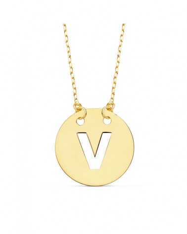 Colgante oro 18k letra V círculo 15mm cadena 42cm