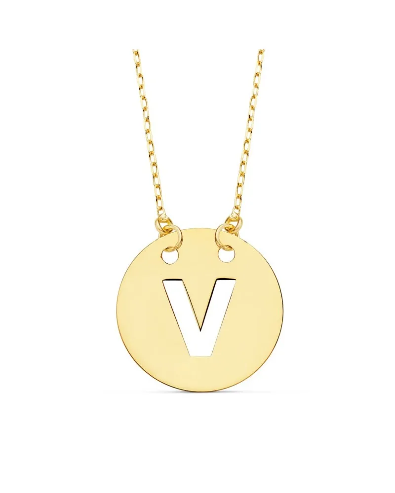 Colgante oro 18k letra V círculo 15mm cadena 42cm