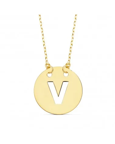 Colgante oro 18k letra V círculo 15mm cadena 42cm