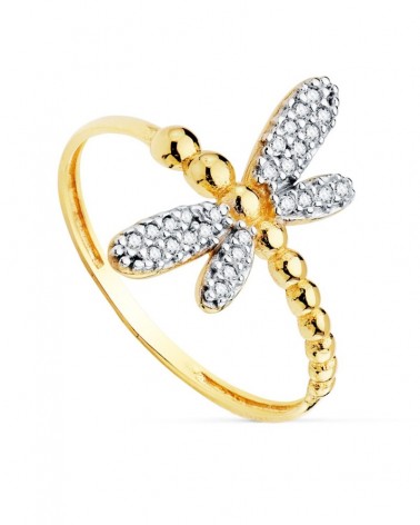 Sortija oro 18k bicolor libélula circonitas 17mm