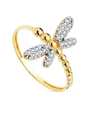 Sortija oro 18k bicolor libélula circonitas 17mm