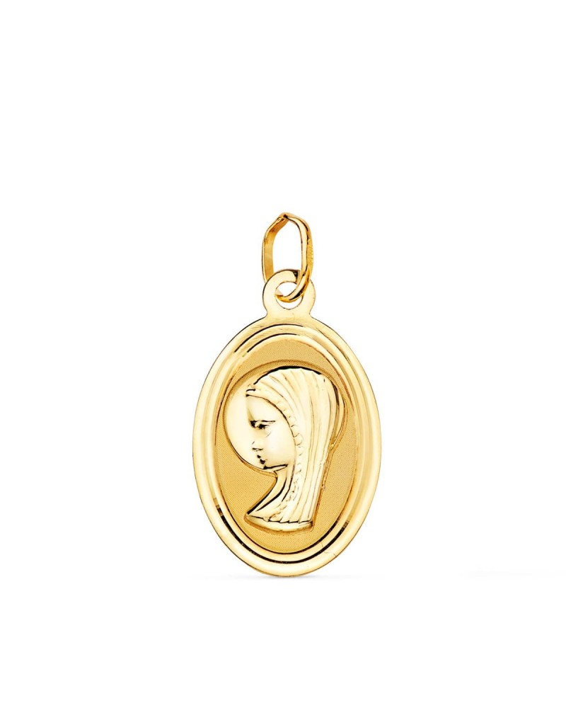 Medalla oro 18k Virgen Niña oval borde biselado 19x12mm