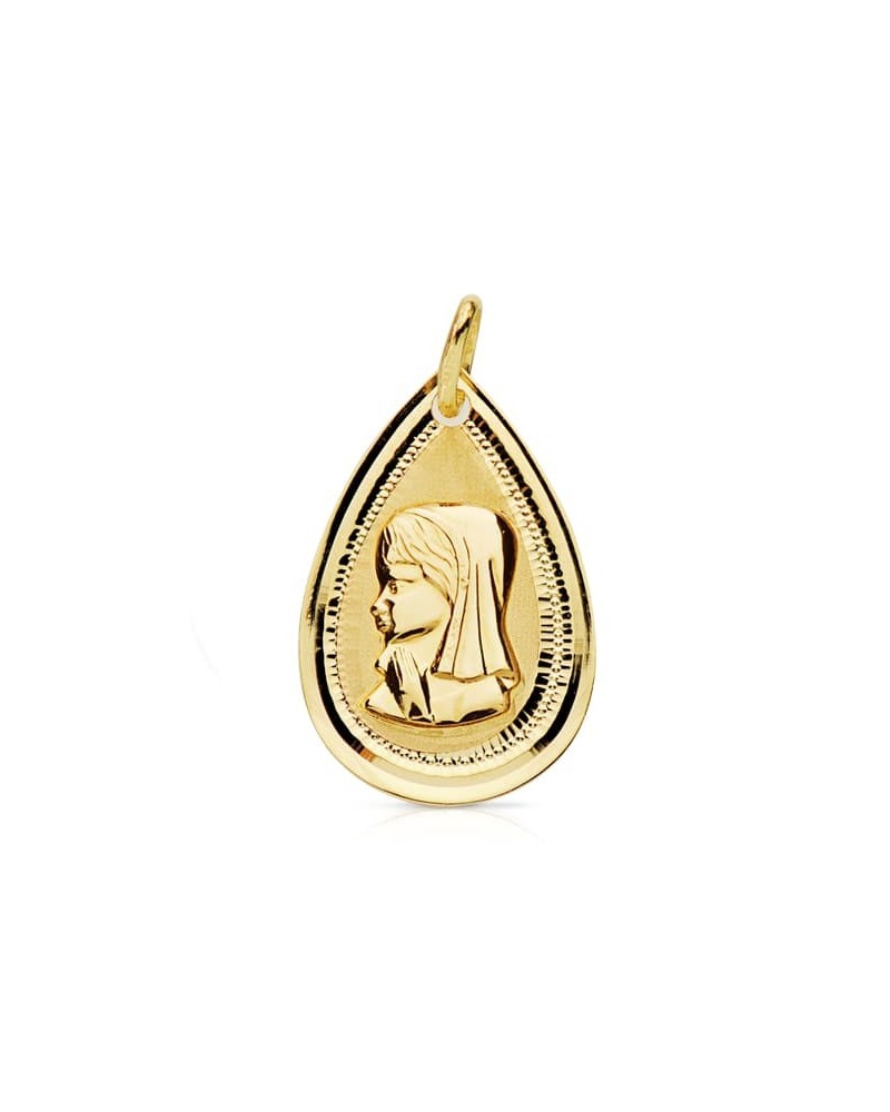 Medalla oro 18k Virgen Niña forma lágrima 20x14mm