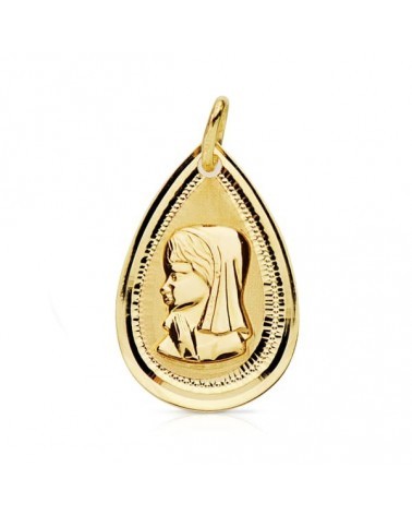 Medalla oro 18k Virgen Niña forma lágrima 20x14mm