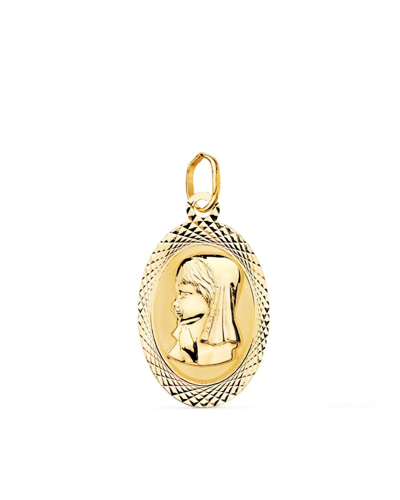 Medalla oro 18k Virgen niña oval tallada 18x12mm