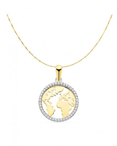 Colgante oro 18k bicolor mapamundi circonitas 16 mm