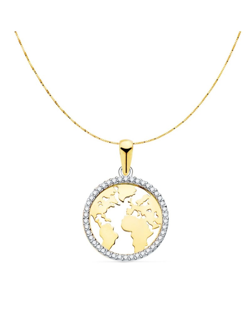 Colgante oro 18k bicolor mapamundi circonitas 16 mm