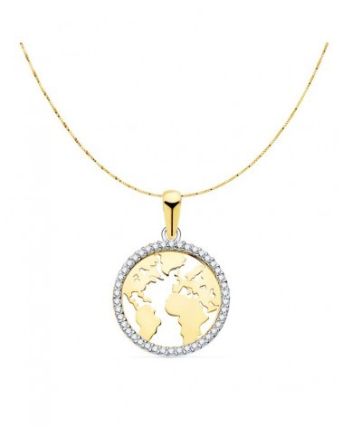 Colgante oro 18k bicolor mapamundi circonitas 16 mm