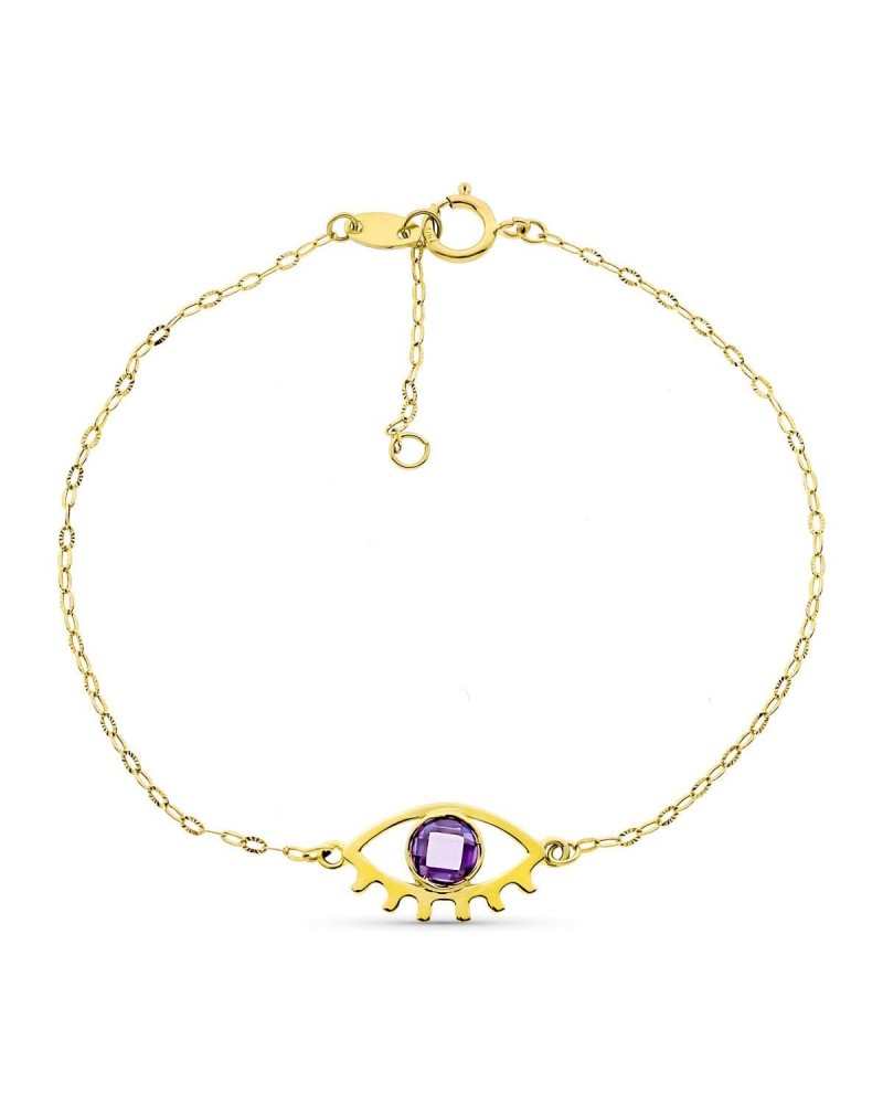 Pulsera oro 18k motivo ojo piedra violeta 19cm