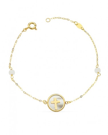 Pulsera oro 18k amarillo cruz nácar con jade