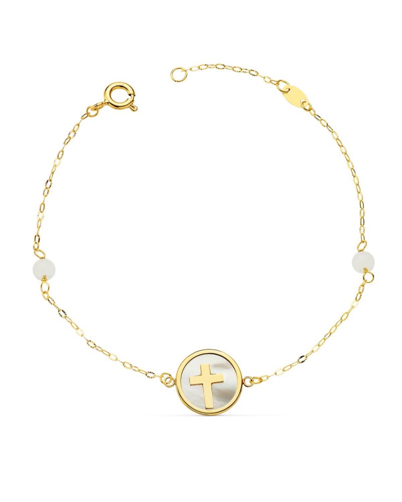 Pulsera oro 18k amarillo cruz nácar con jade