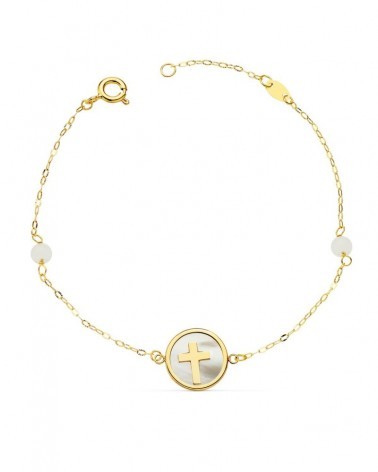 Pulsera oro 18k amarillo cruz nácar con jade