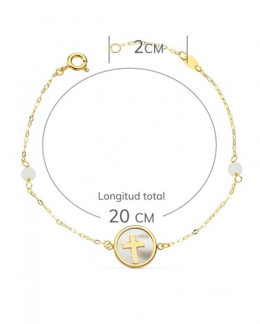Pulsera oro 18k amarillo cruz nácar con jade