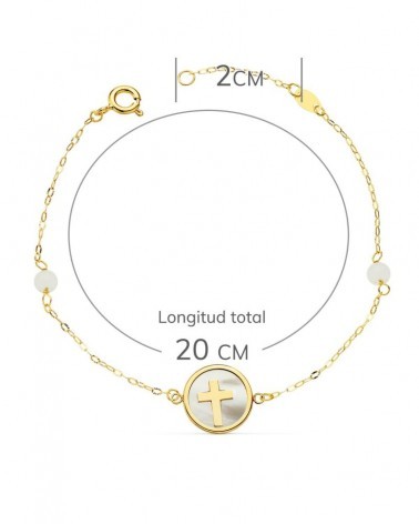 Pulsera oro 18k amarillo cruz nácar con jade