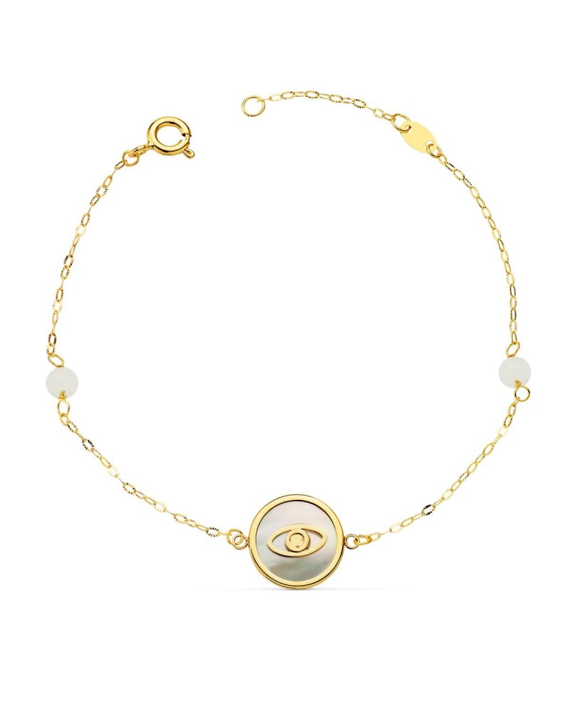 Pulsera oro 18k nácar amuleto ojo turco jade