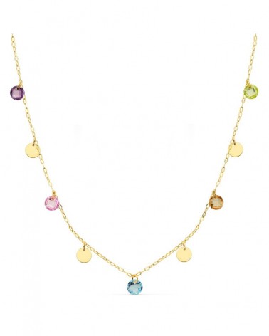 Gargantilla oro 18k amarillo chapas y piedras multicolor 45cm