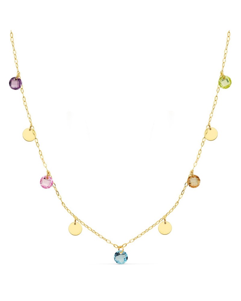 Gargantilla oro 18k amarillo chapas y piedras multicolor 45cm