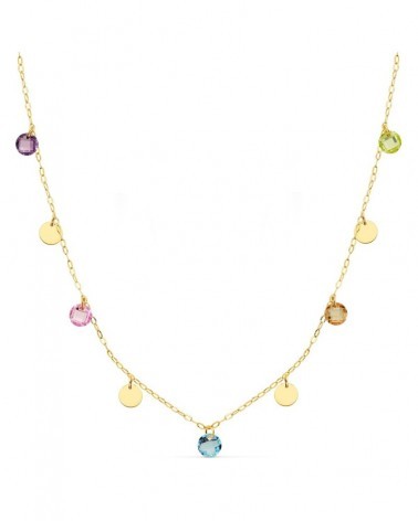Gargantilla oro 18k amarillo chapas y piedras multicolor 45cm