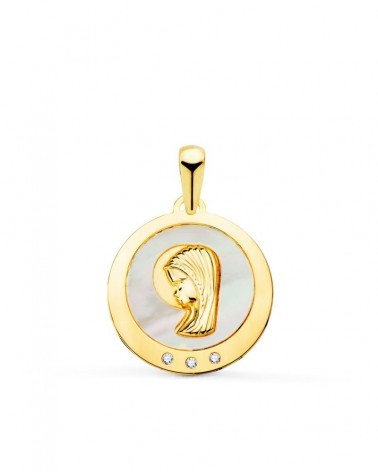 Medalla oro 18k Virgen niña nácar circonita 14mm