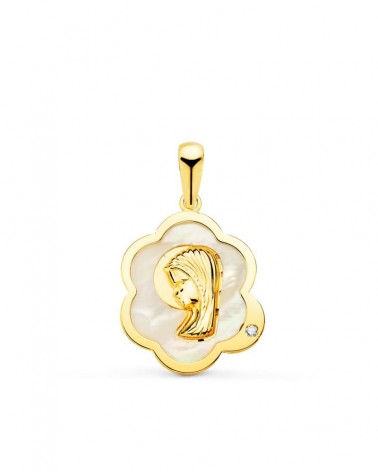 Medalla oro 18k Virgen niña nácar circonita 15x12mm