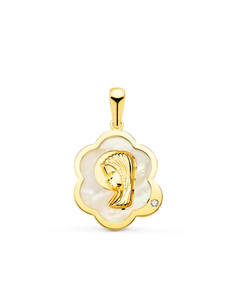 Medalla oro 18k Virgen niña nácar circonita 15x12mm