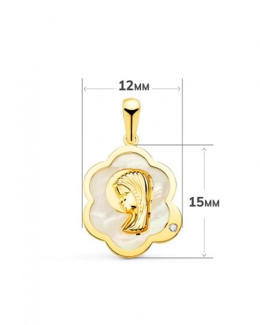 Medalla oro 18k Virgen niña nácar circonita 15x12mm