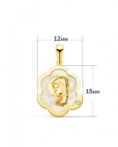 Medalla oro 18k Virgen niña nácar circonita 15x12mm