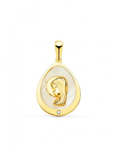 Medalla oro 18k Virgen Niña nácar circonita 15x12 mm