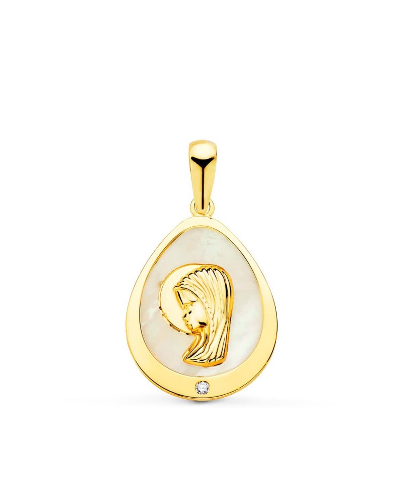 Medalla oro 18k Virgen Niña nácar circonita 15x12 mm