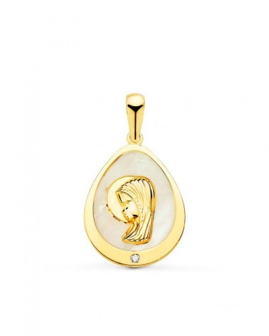 Medalla oro 18k Virgen Niña nácar circonita 15x12 mm