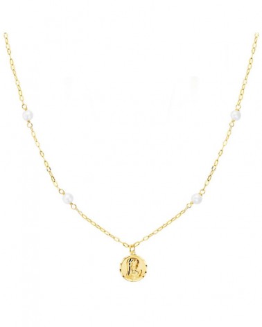 Cadena oro 18k medalla Virgen Niña perlas 40cm