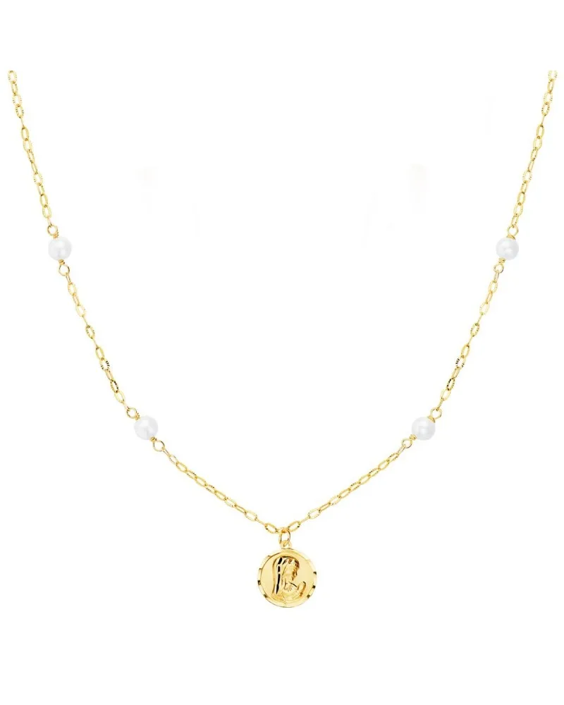 Cadena oro 18k medalla Virgen Niña perlas 40cm