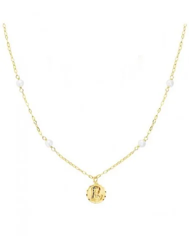 Cadena oro 18k medalla Virgen Niña perlas 40cm