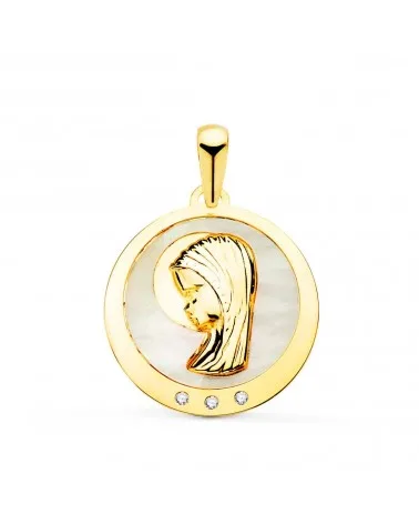 Medalla oro 18k Virgen Niña nácar circonita 19mm