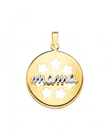 Colgante oro 18k bicolor mama flores caladas 18mm