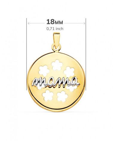 Colgante oro 18k bicolor mama flores caladas 18mm