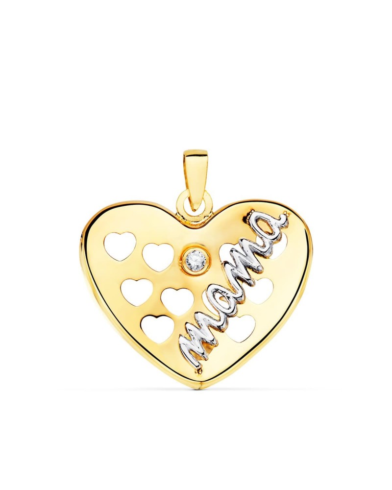 Colgante oro 18k bicolor corazón Mamá circonita 20x16mm