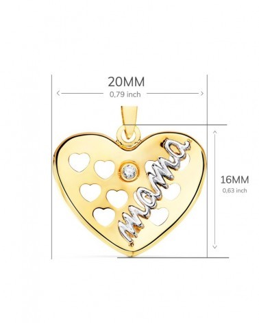 Colgante oro 18k bicolor corazón Mamá circonita 20x16mm