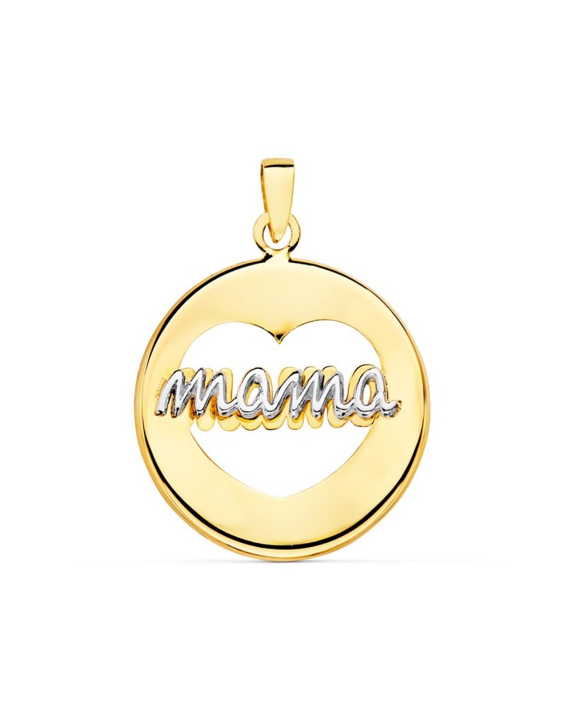 Colgante oro 18k bicolor Mamá corazón calado 18mm