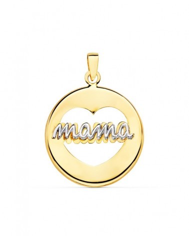 Colgante oro 18k bicolor Mamá corazón calado 18mm
