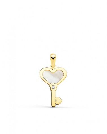 Colgante oro 18k llave corazón nácar circonita 18x11mm