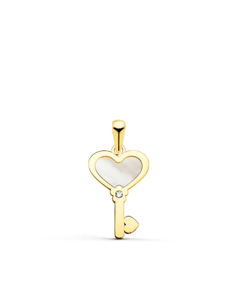 Colgante oro 18k llave corazón nácar circonita 18x11mm