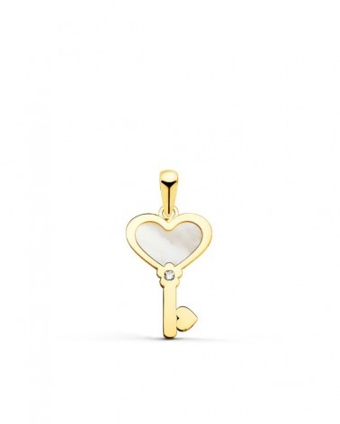 Colgante oro 18k llave corazón nácar circonita 18x11mm