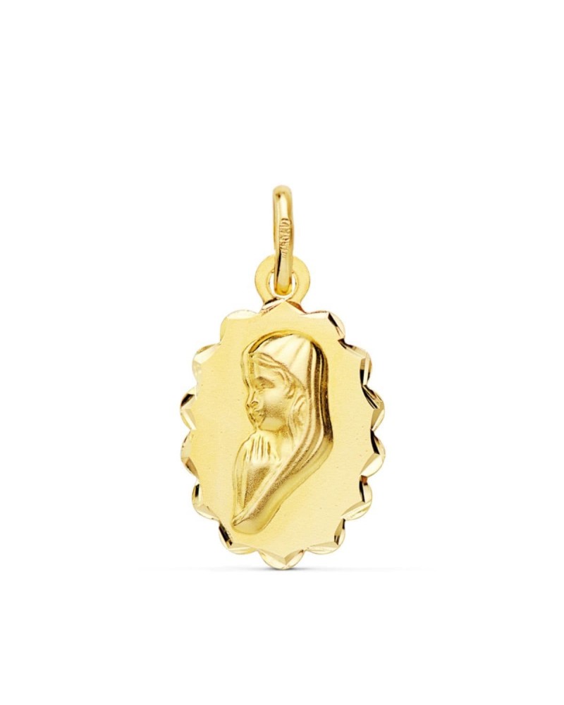 Medalla oro 18k Virgen niña oval arcos tallados 16x12mm