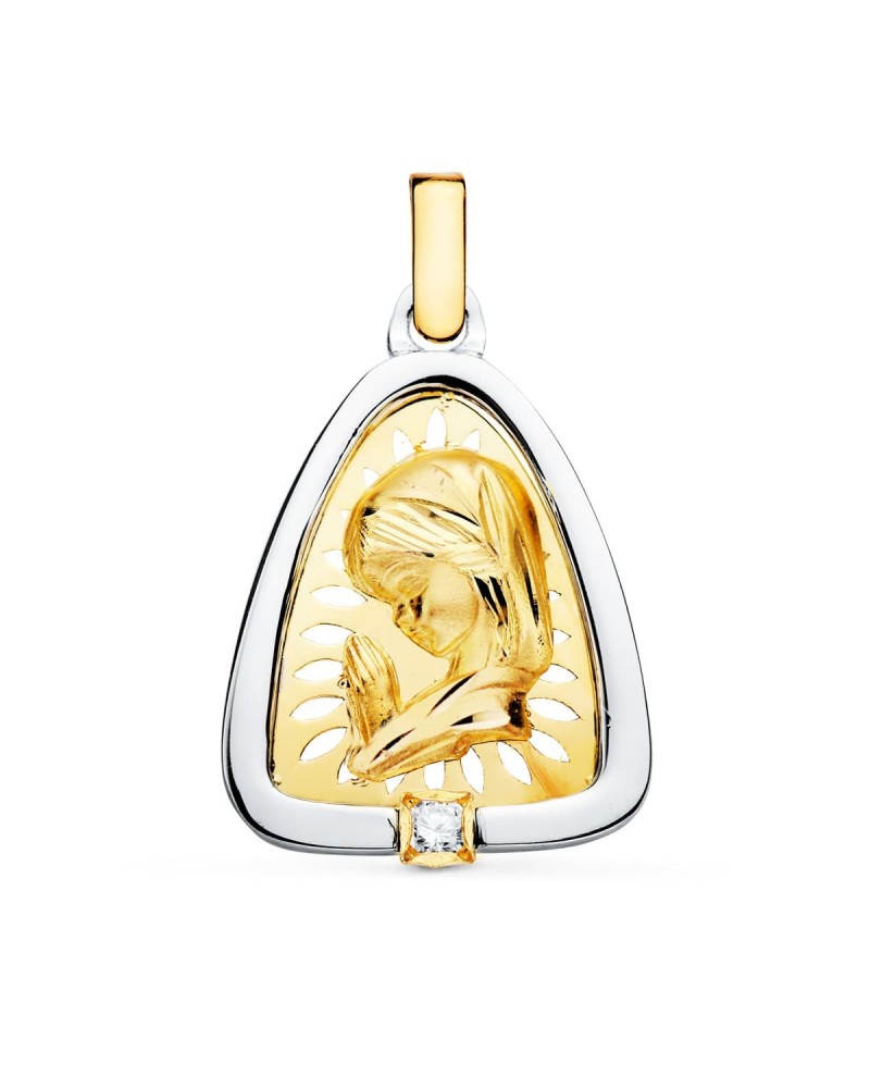 Medalla oro 18k Virgen niña bicolor circonita 21x17 mm