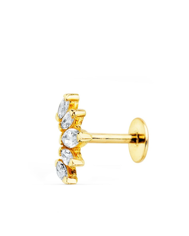 Piercing oro 18k hojitas circonita cierre tuerca 9x6mm