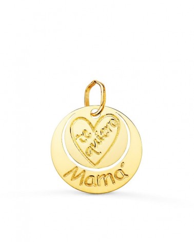 Colgante oro 18k Mamá corazón grabado redondo 14mm