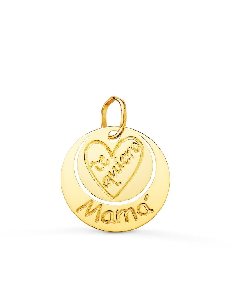 Colgante oro 18k Mamá corazón grabado redondo 14mm