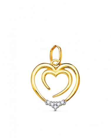 Colgante oro 18k bicolor doble corazón circonita