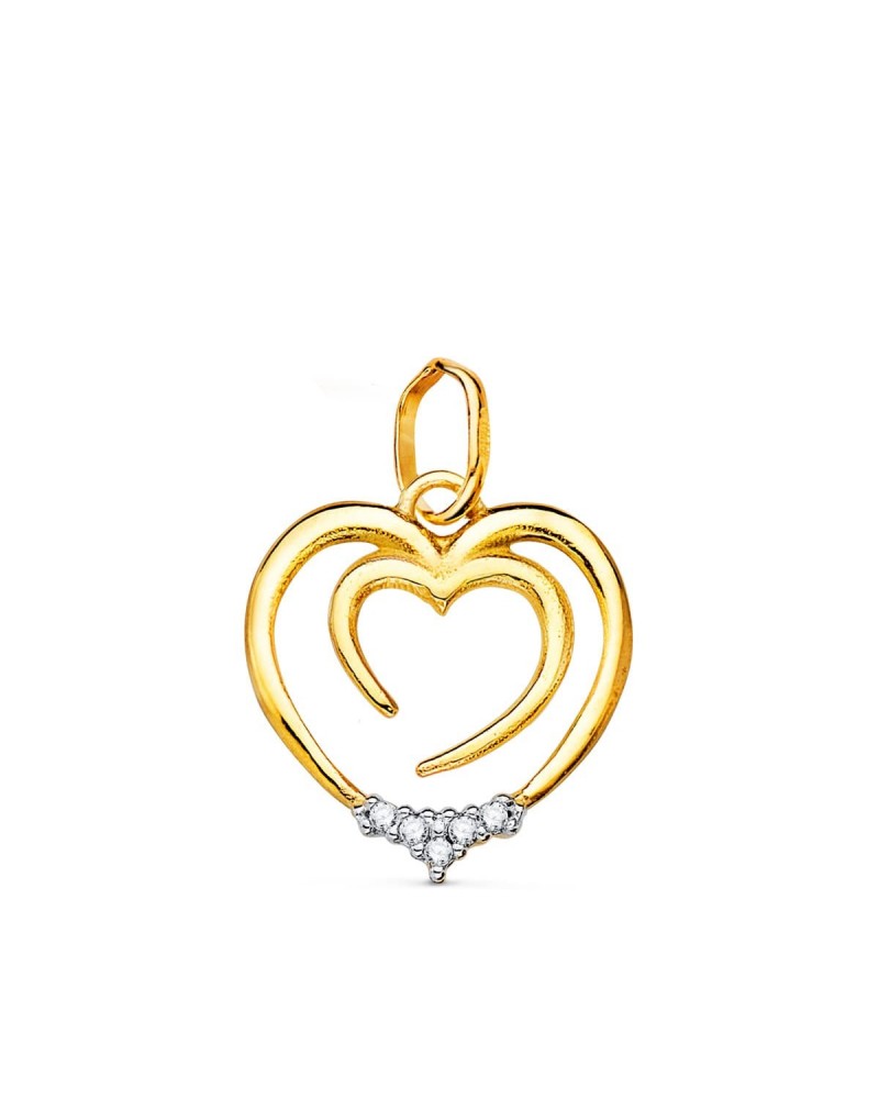 Colgante oro 18k bicolor doble corazón circonita